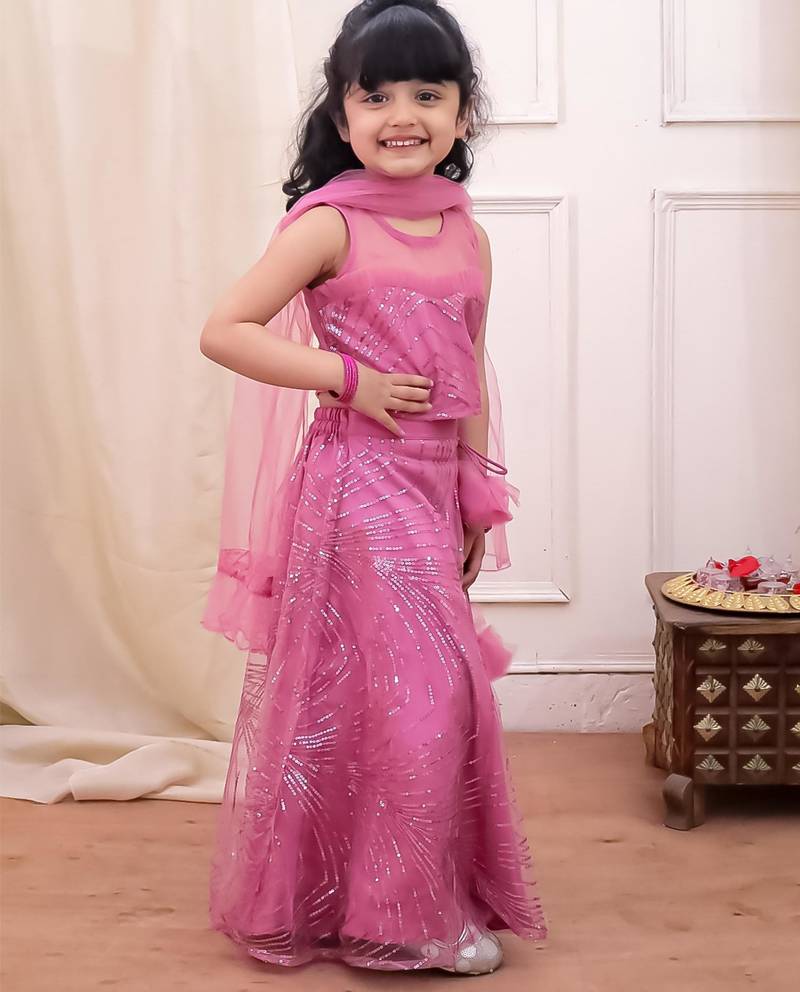 Pink sequins embroiderd net lehenga choli with dupatta set for girls