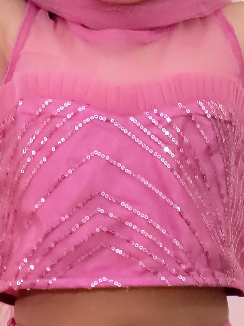 Pink sequins embroiderd net lehenga choli with dupatta set for girls