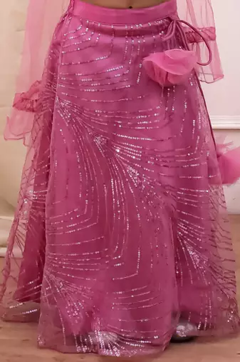 Pink sequins embroiderd net lehenga choli with dupatta set for girls