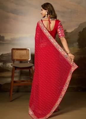 Red embriodered lace georgette bollywood saree with blouse piece. 2