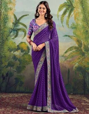 Purple embriodered lace georgette bollywood saree with blouse piece. 1