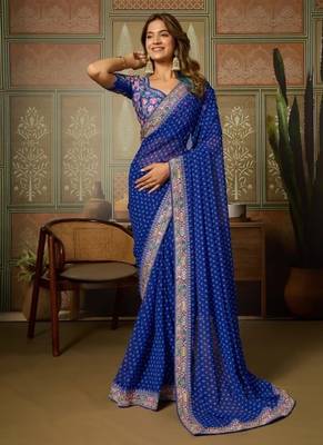 Blue embriodered lace georgette bollywood saree with blouse piece. 1