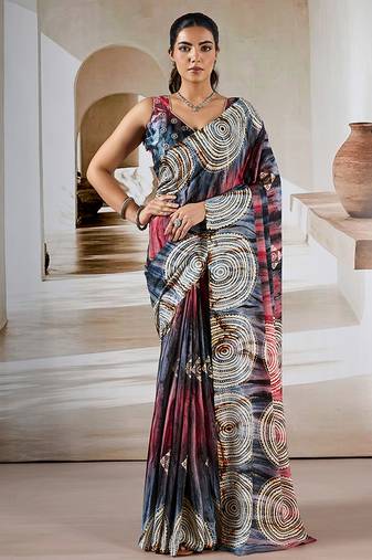 Multi colour printed satin saree