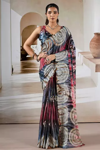 Multi colour printed satin saree