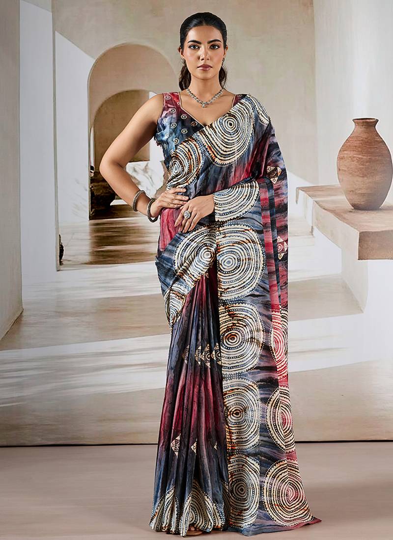 Multi colour printed satin saree