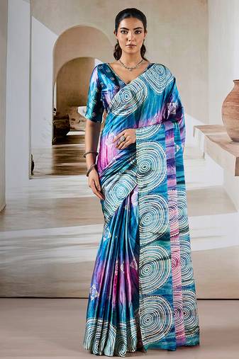 Multi colour printed satin saree