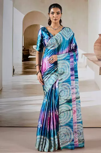 Multi colour printed satin saree