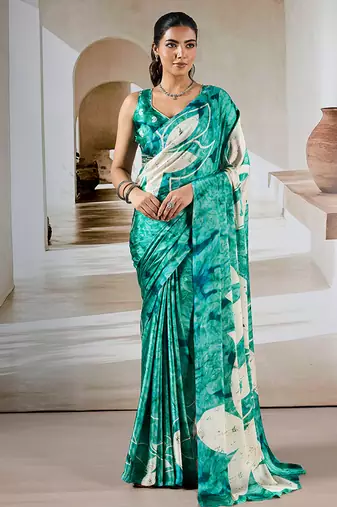 Sea green printed satin saree