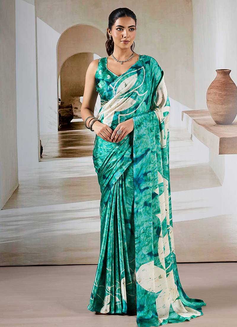 Sea green printed satin saree