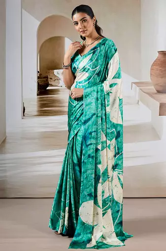 Sea green printed satin saree