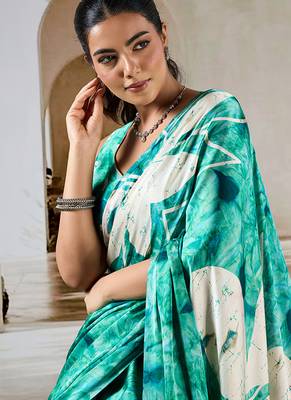 Sea green printed satin saree 3