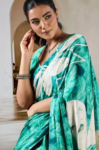 Sea green printed satin saree