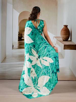 Sea green printed satin saree 4