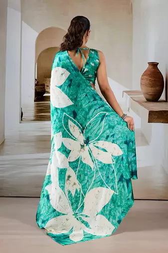 Sea green printed satin saree