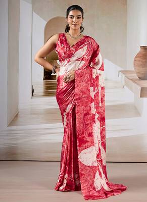 Red printed satin saree 1