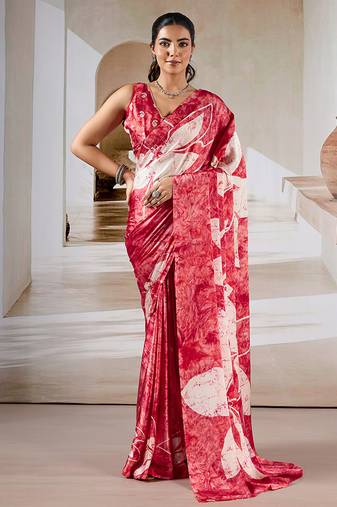 Red printed satin saree