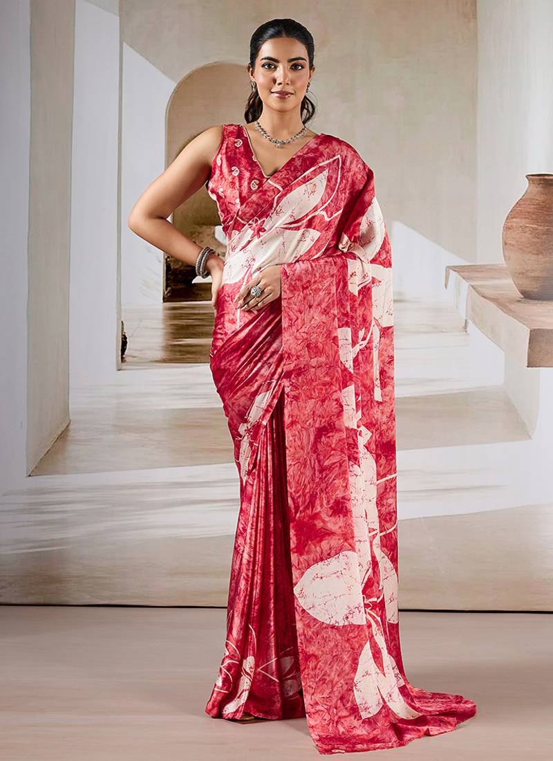 Red printed satin saree