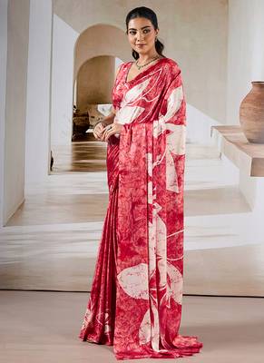 Red printed satin saree 2