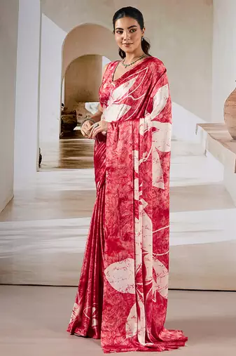 Red printed satin saree