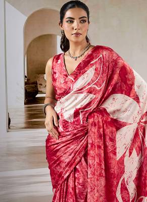Red printed satin saree 3