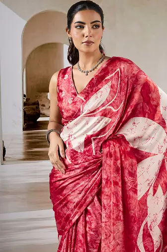 Red printed satin saree