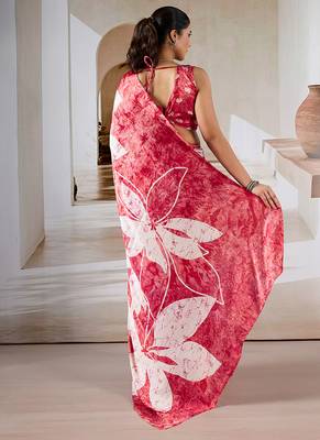 Red printed satin saree 4