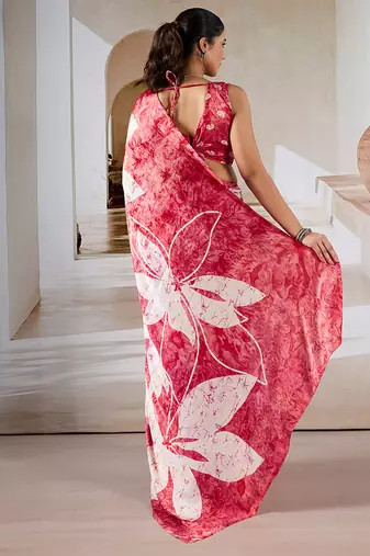 Red printed satin saree