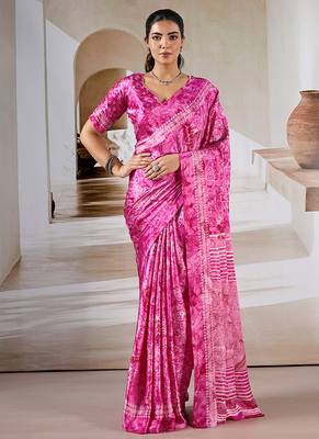 Hot pink printed satin saree 1