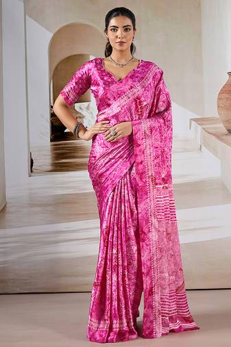 Hot pink printed satin saree