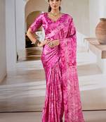 Hot pink printed satin saree