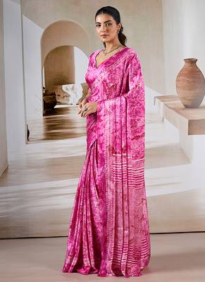 Hot pink printed satin saree 2