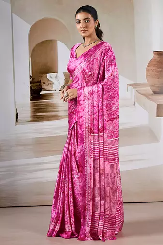 Hot pink printed satin saree