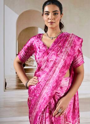 Hot pink printed satin saree 3
