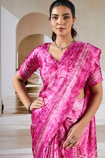 Hot pink printed satin saree