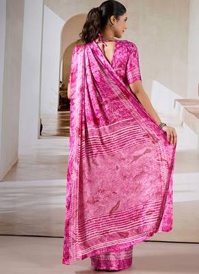 Hot pink printed satin saree 4