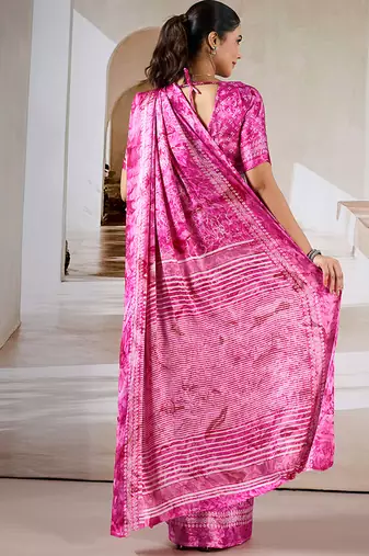 Hot pink printed satin saree