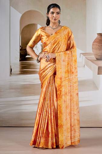 Orange printed satin saree