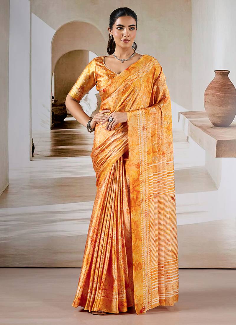 Orange printed satin saree