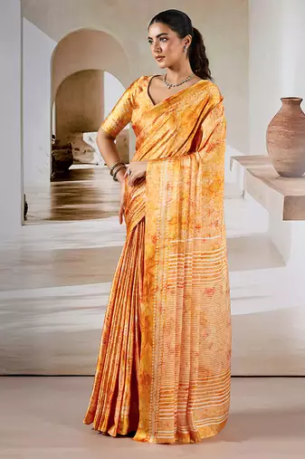 Orange printed satin saree