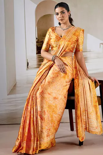 Orange printed satin saree