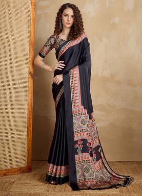 Black printed satin saree 1