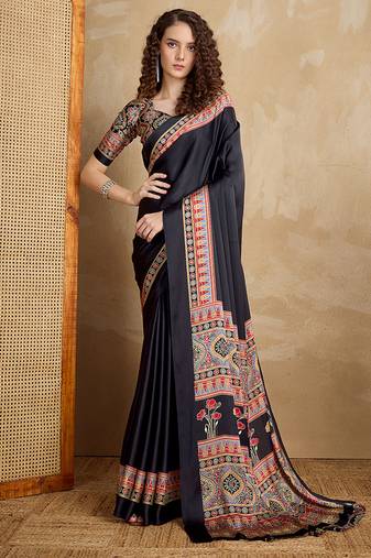 Black printed satin saree