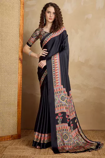 Black printed satin saree