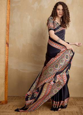 Black printed satin saree 2