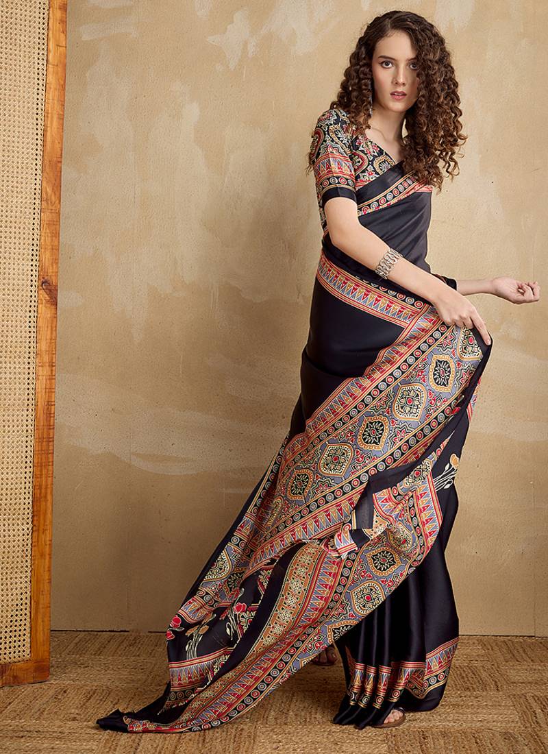 Black printed satin saree