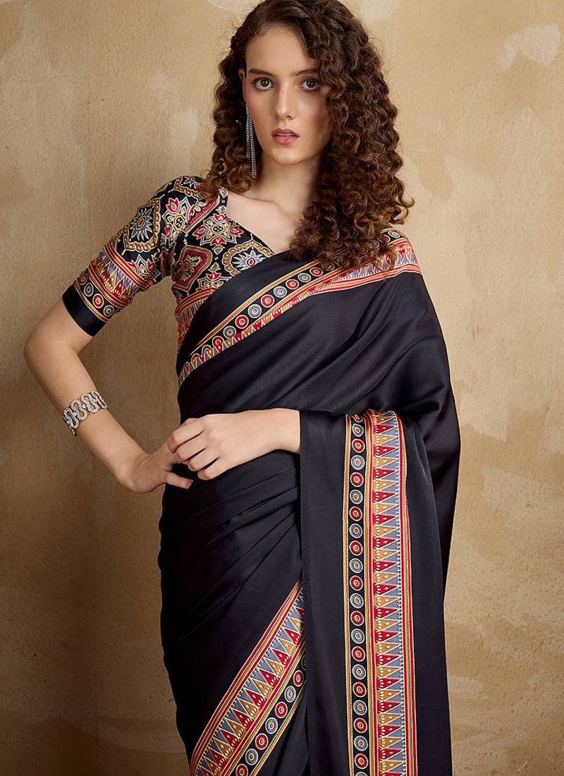 Black printed satin saree