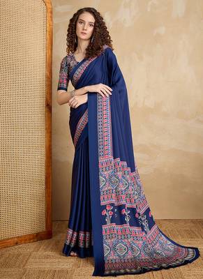Navy blue printed satin saree 1