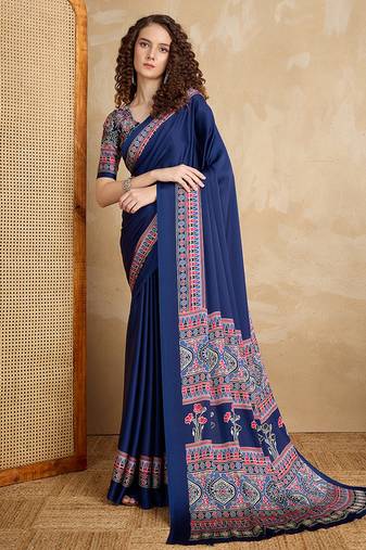 Navy blue printed satin saree
