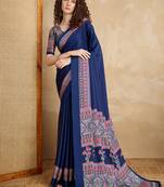 Navy blue printed satin saree