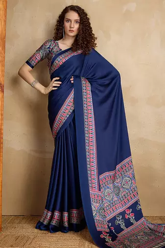 Navy blue printed satin saree